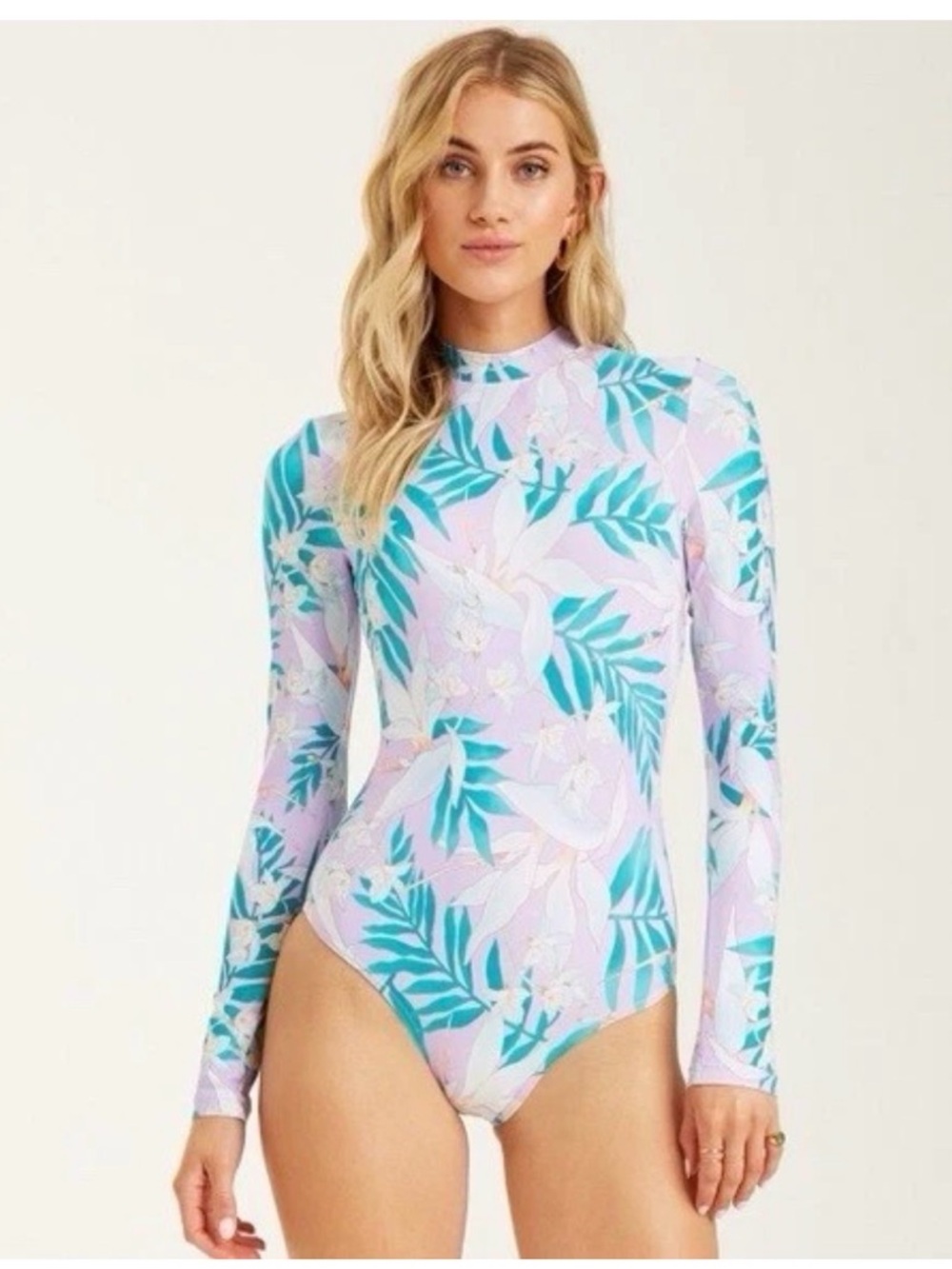 Billabong Lilac Long-Sleeve Floral One-Piece Love Palms Bodysuit swimsuit.